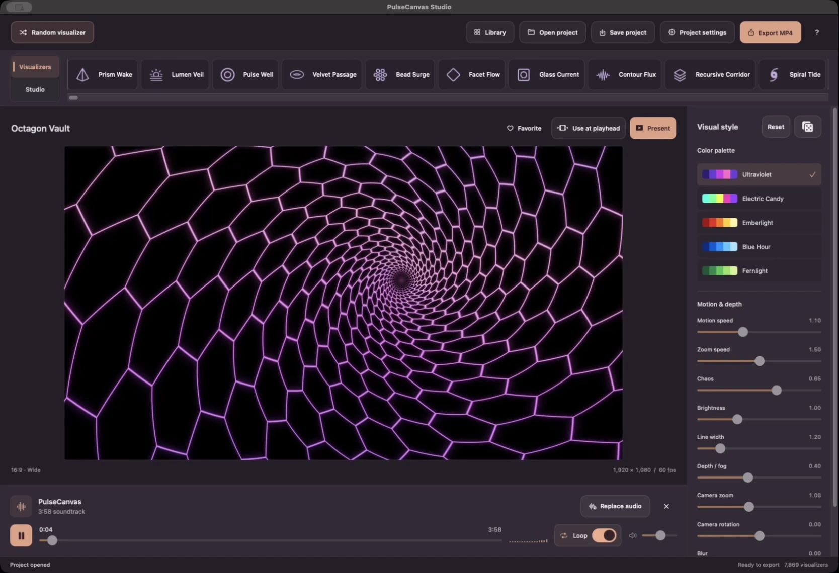PulseCanvas Studio with a visualizer preview and the soundtrack waveform