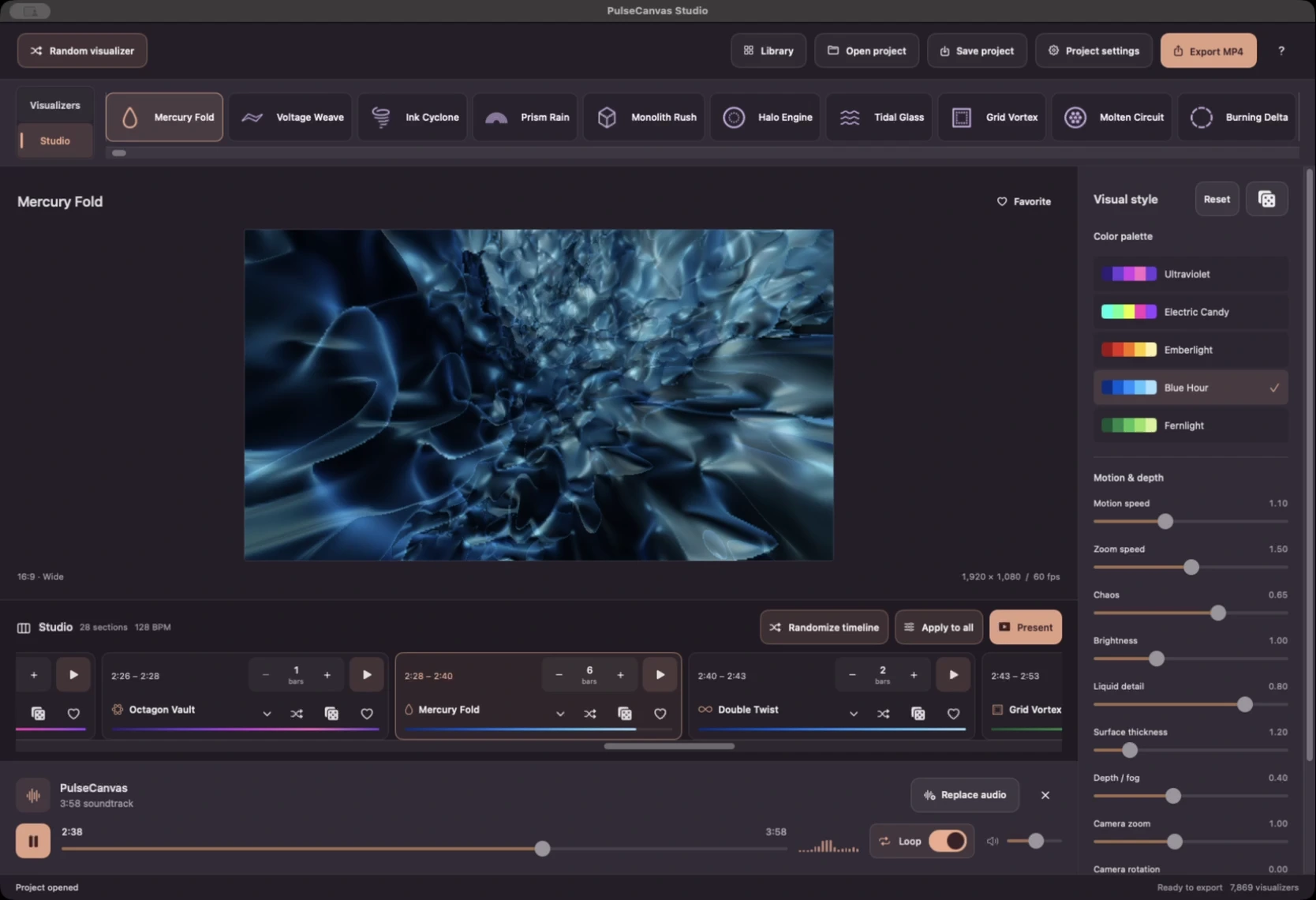 PulseCanvas Studio with a visualizer preview, appearance controls, and scene sequence
