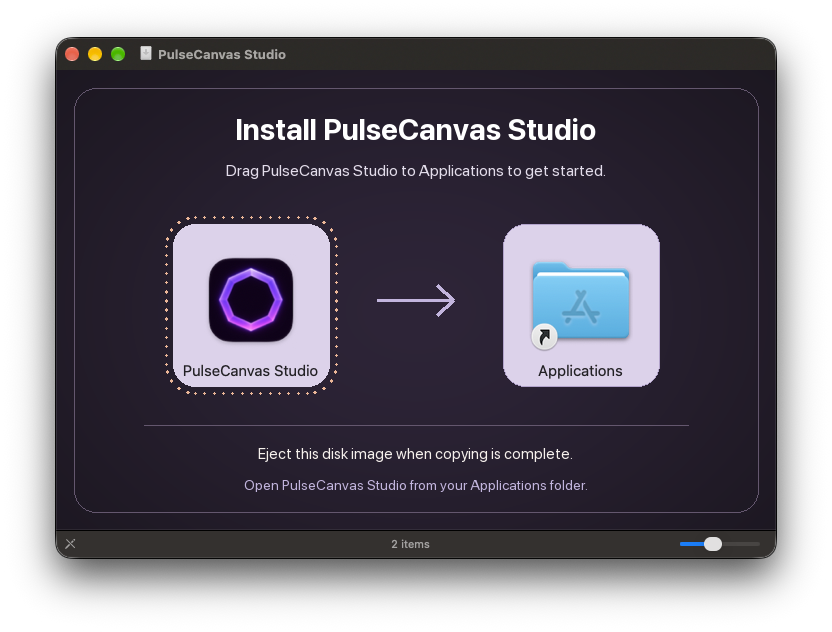 PulseCanvas Studio installer window, showing the app icon, Applications shortcut, and instructions to drag the app into Applications